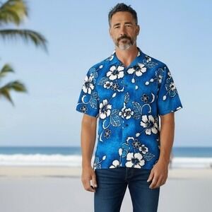 Vintage Royal Hawaiian Men's Blue White Hibiscus Cotton‎ Aloha Shirt Size M